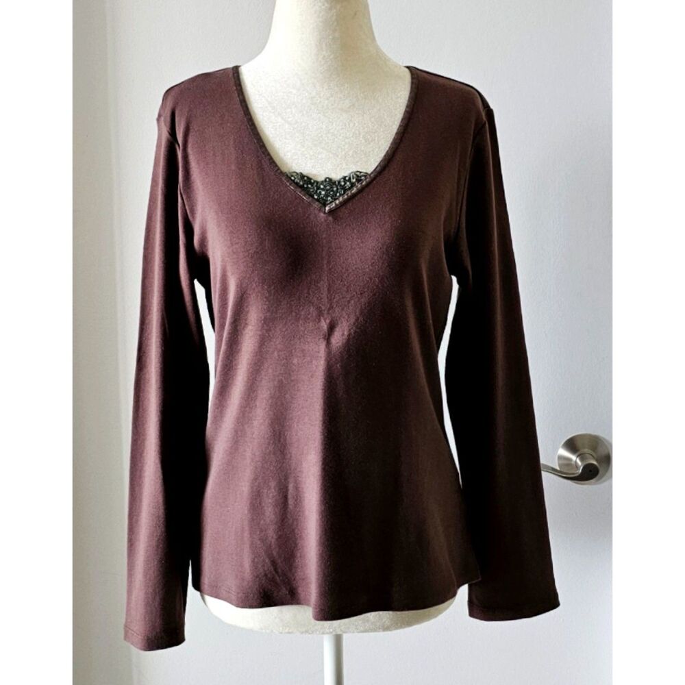 DESTINEE Women’s Top Blouse Size M Brown Long Sleeves Cotton Blend